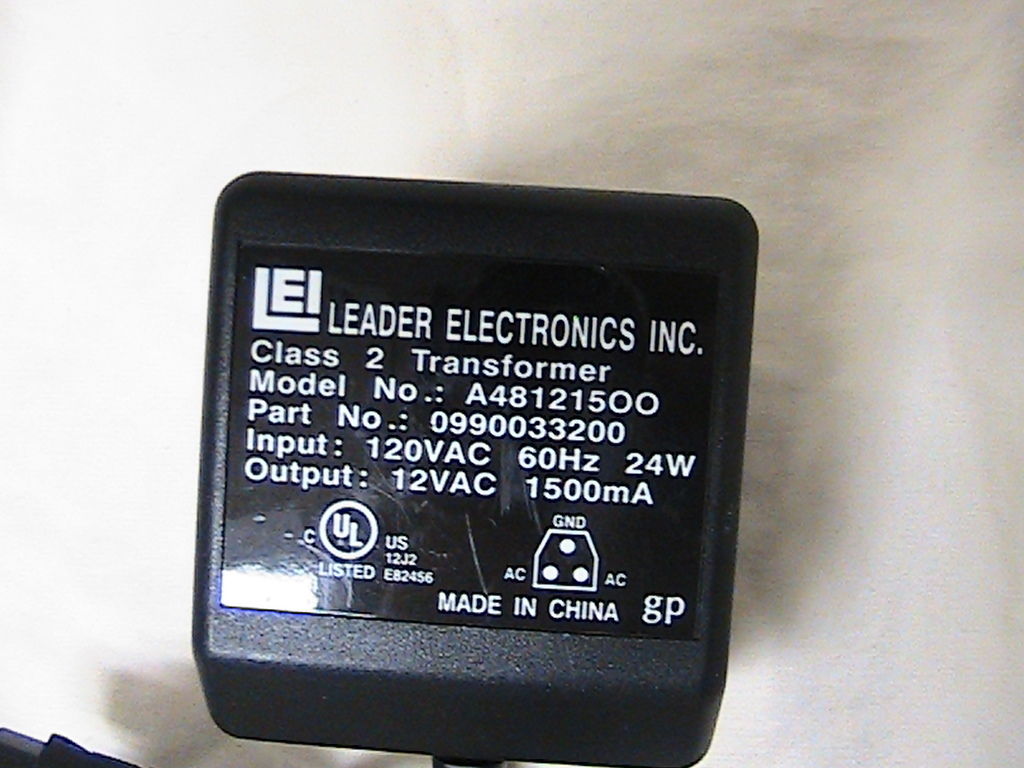 New 12VAC 1500MA LEADER ELECTRONICS A481215OO AC ADAPTER 120VAC - Click Image to Close